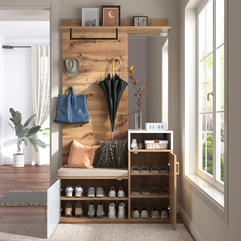 Vestiaire à l'entrée effet bois avec miroir, banc, porte-manteaux et rangement chaussures 105x40x190,5 cm NIMBUSION