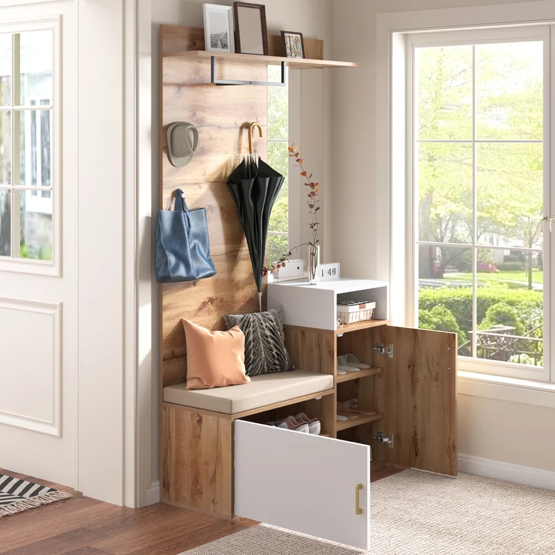 Vestiaire à l'entrée effet bois avec miroir, banc, porte-manteaux et rangement chaussures 105x40x190,5 cm NIMBUSION