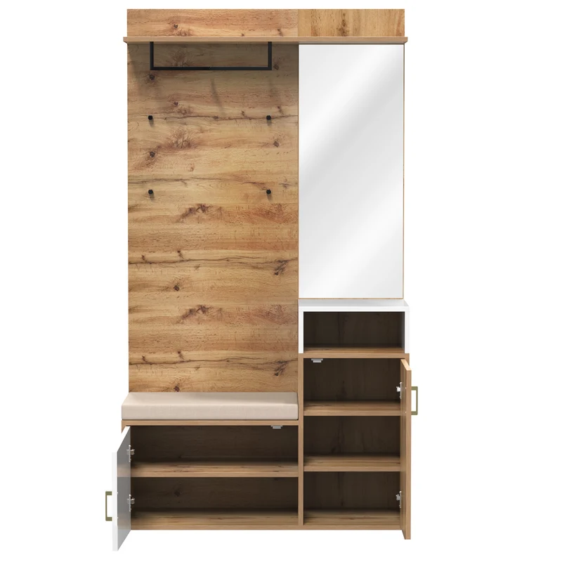 Vestiaire à l'entrée effet bois avec miroir, banc, porte-manteaux et rangement chaussures 105x40x190,5 cm NIMBUSION