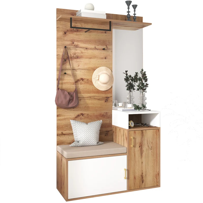 Vestiaire à l'entrée effet bois avec miroir, banc, porte-manteaux et rangement chaussures 105x40x190,5 cm NIMBUSION