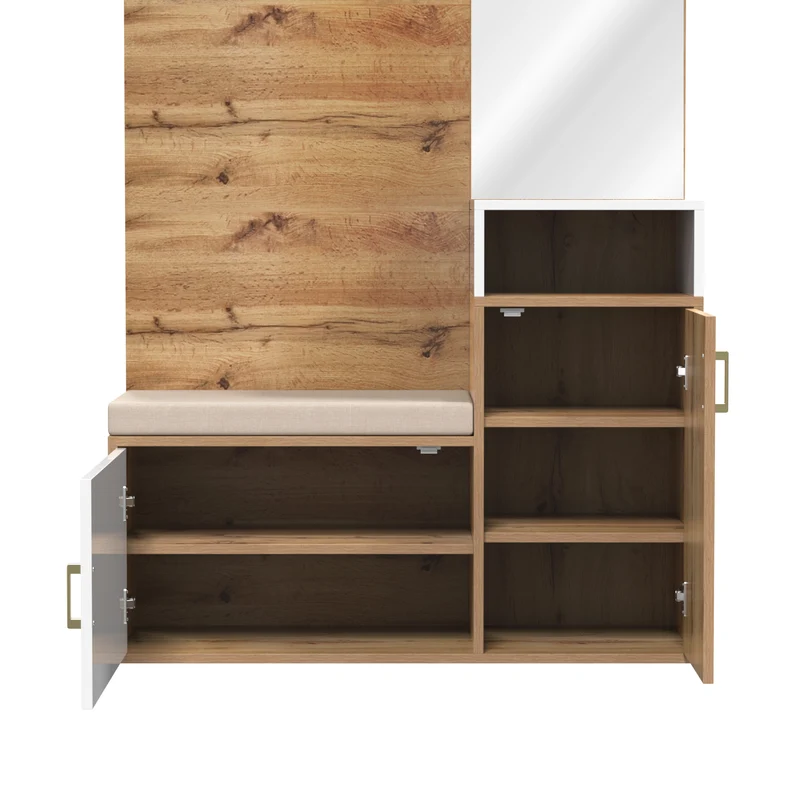 Vestiaire à l'entrée effet bois avec miroir, banc, porte-manteaux et rangement chaussures 105x40x190,5 cm NIMBUSION