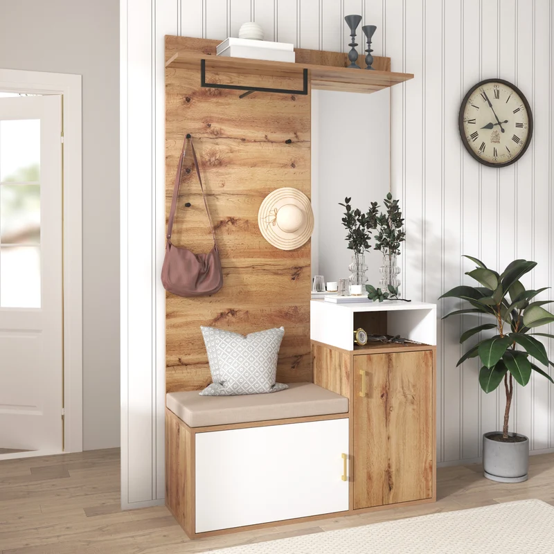 Vestiaire à l'entrée effet bois avec miroir, banc, porte-manteaux et rangement chaussures 105x40x190,5 cm NIMBUSION
