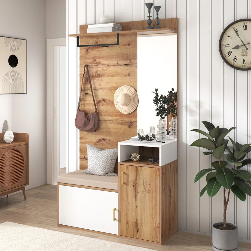 Vestiaire à l'entrée effet bois avec miroir, banc, porte-manteaux et rangement chaussures 105x40x190,5 cm NIMBUSION