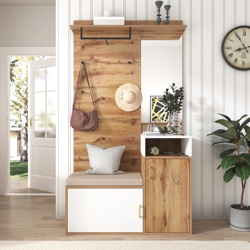 Vestiaire à l'entrée effet bois avec miroir, banc, porte-manteaux et rangement chaussures 105x40x190,5 cm NIMBUSION