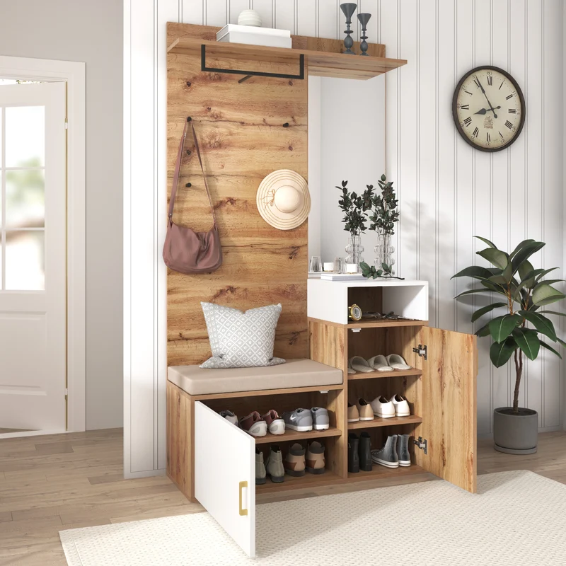 Vestiaire à l'entrée effet bois avec miroir, banc, porte-manteaux et rangement chaussures 105x40x190,5 cm NIMBUSION