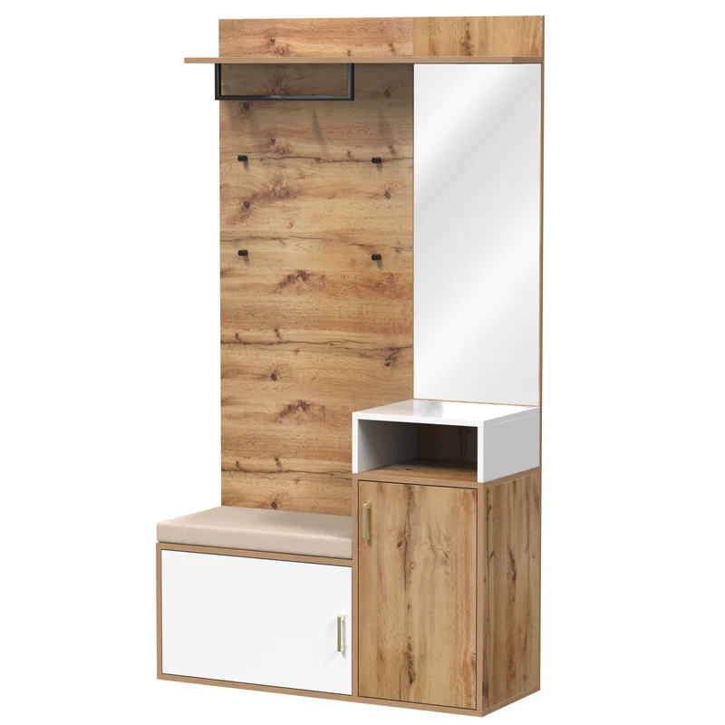 Vestiaire à l'entrée effet bois avec miroir, banc, porte-manteaux et rangement chaussures 105x40x190,5 cm NIMBUSION