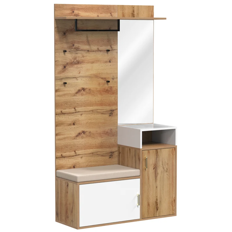 Vestiaire à l'entrée effet bois avec miroir, banc, porte-manteaux et rangement chaussures 105x40x190,5 cm NIMBUSION