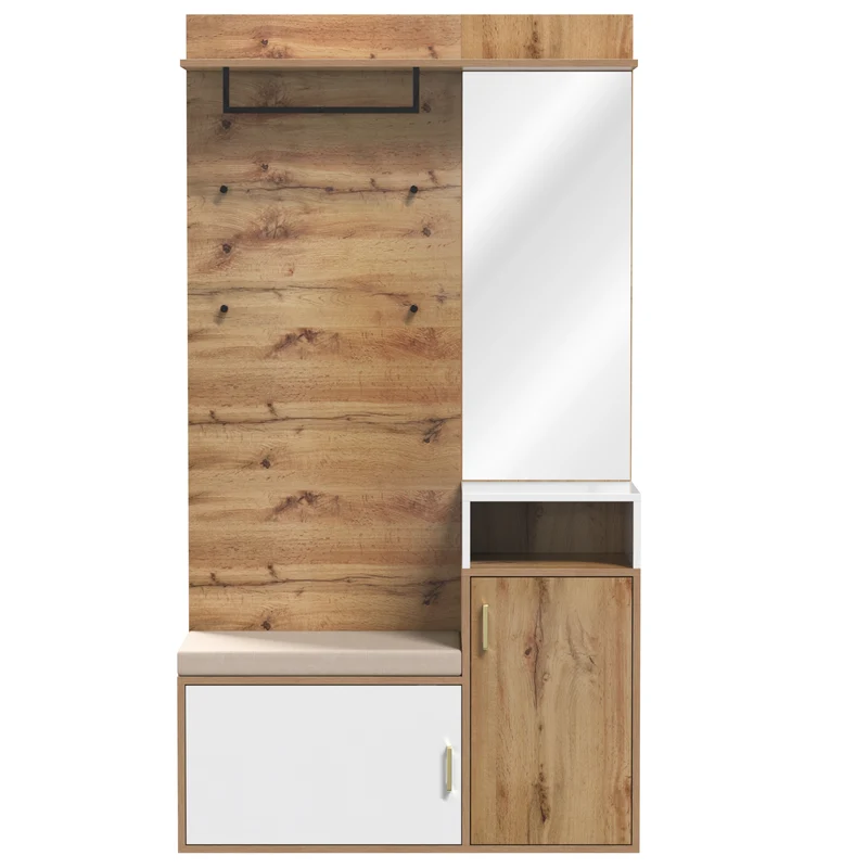 Vestiaire à l'entrée effet bois avec miroir, banc, porte-manteaux et rangement chaussures 105x40x190,5 cm NIMBUSION
