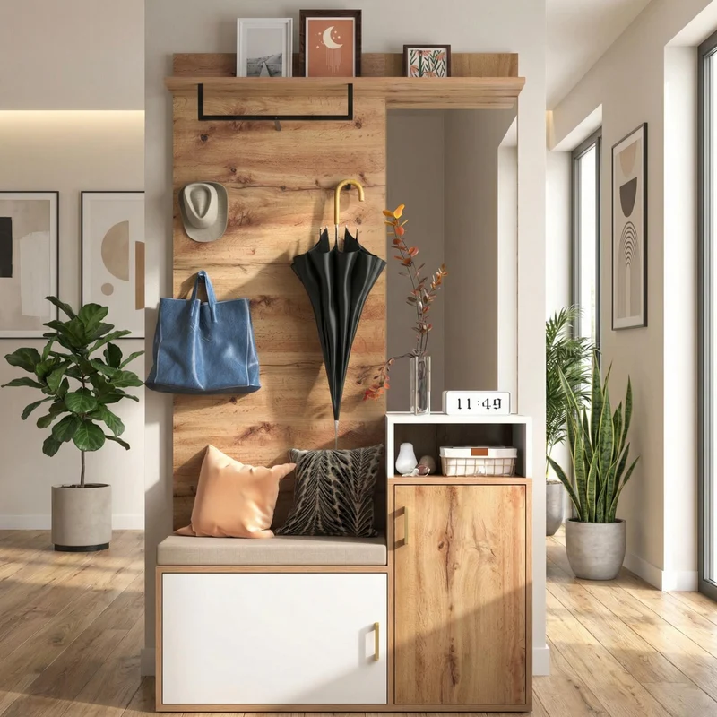 Vestiaire à l'entrée effet bois avec miroir, banc, porte-manteaux et rangement chaussures 105x40x190,5 cm NIMBUSION