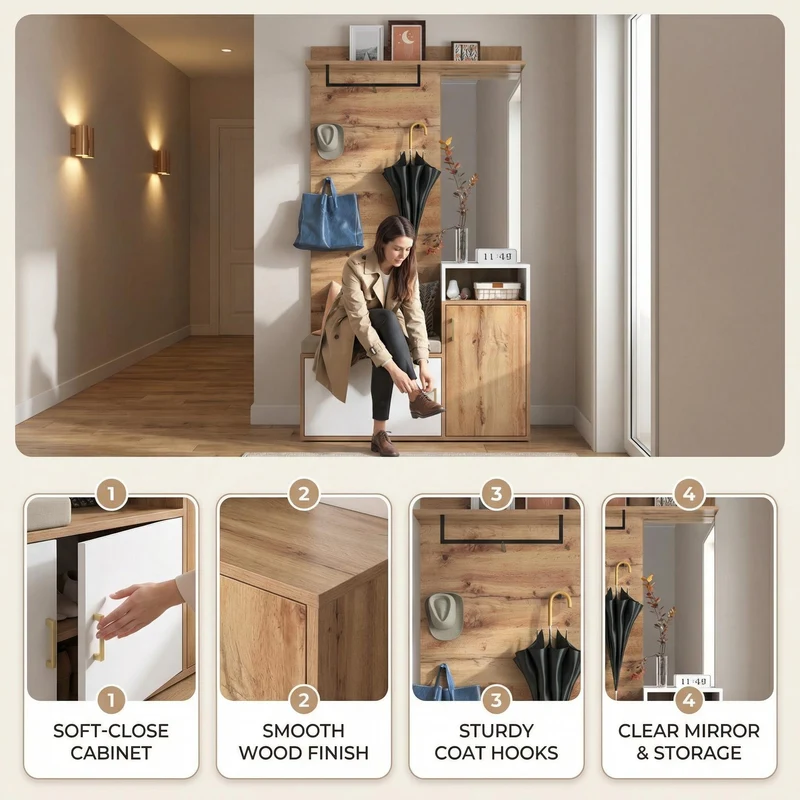 Vestiaire à l'entrée effet bois avec miroir, banc, porte-manteaux et rangement chaussures 105x40x190,5 cm NIMBUSION