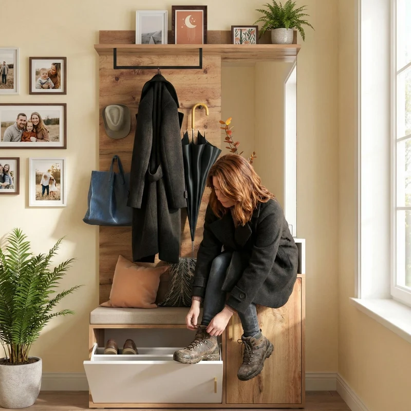 Vestiaire à l'entrée effet bois avec miroir, banc, porte-manteaux et rangement chaussures 105x40x190,5 cm NIMBUSION