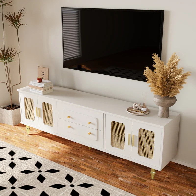Meuble TV élégant avec portes en rotin et détails dorés DHUPHIEDS