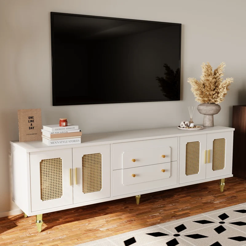 Meuble TV élégant avec portes en rotin et détails dorés DHUPHIEDS