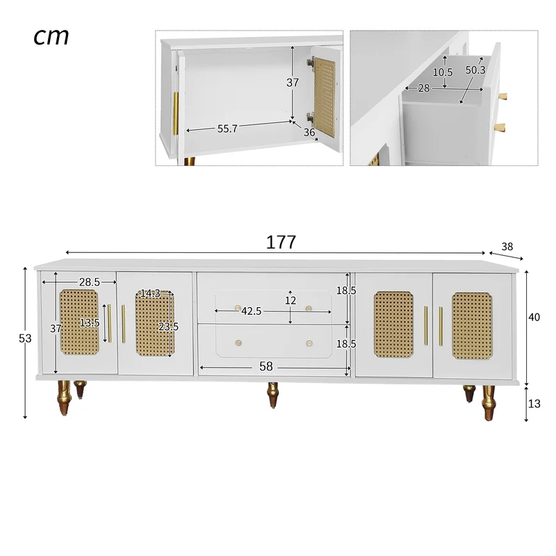 Meuble TV élégant avec portes en rotin et détails dorés DHUPHIEDS