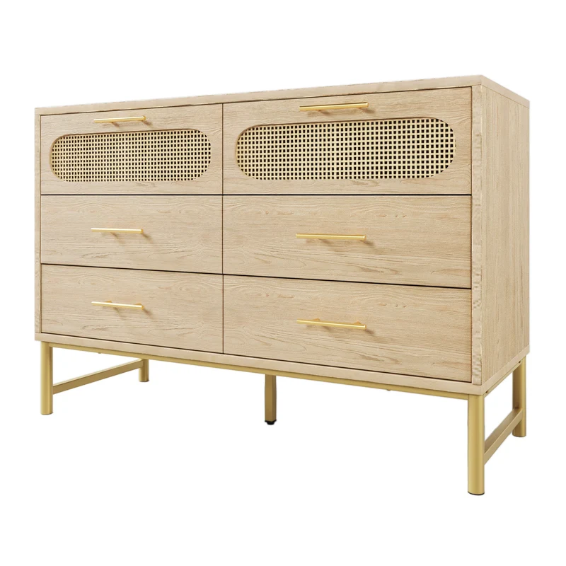 Buffet effet bois chêne en rotin avec 6 tiroirs poignées pieds dorés 120x40x74cm KRUN