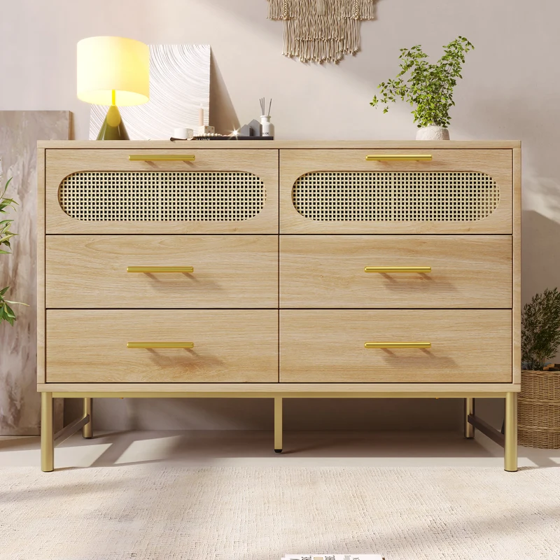 Buffet effet bois chêne en rotin avec 6 tiroirs poignées pieds dorés 120x40x74cm KRUN