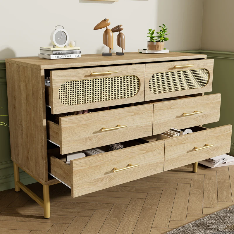 Buffet effet bois chêne en rotin avec 6 tiroirs poignées pieds dorés 120x40x74cm KRUN