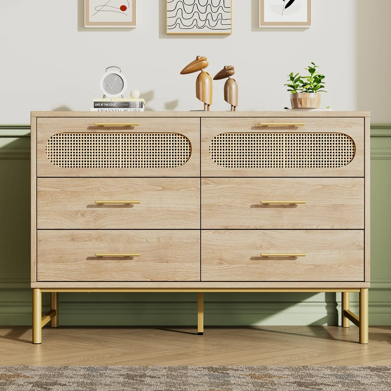 Buffet effet bois chêne en rotin avec 6 tiroirs poignées pieds dorés 120x40x74cm KRUN