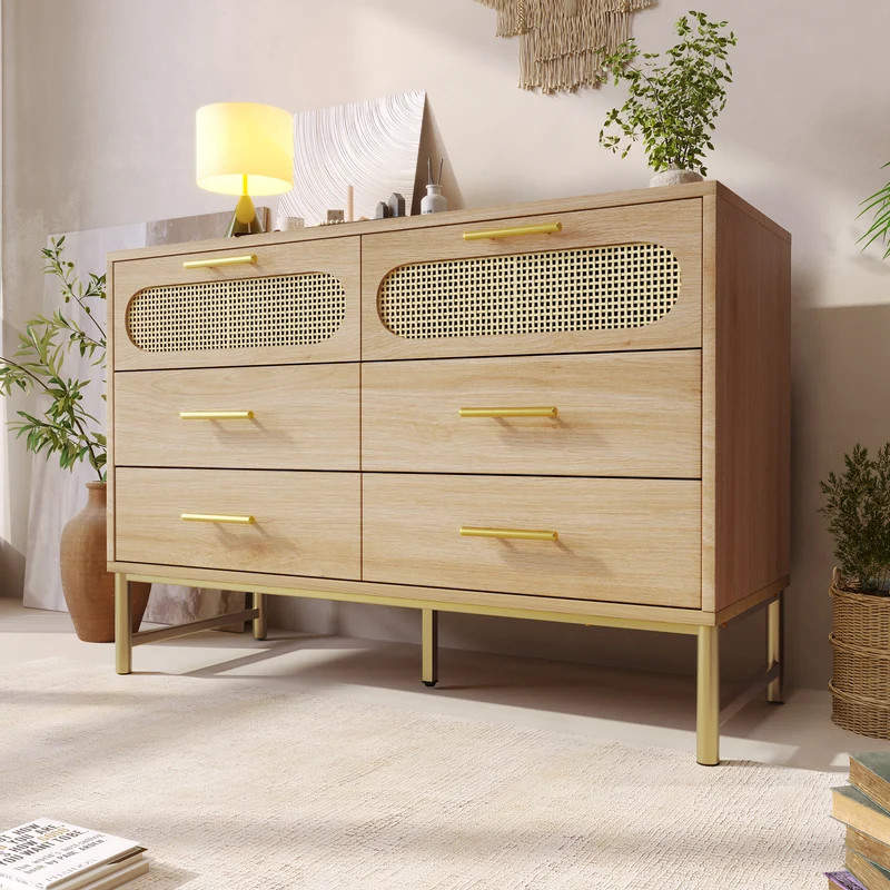 Buffet effet bois chêne en rotin avec 6 tiroirs poignées pieds dorés 120x40x74cm KRUN