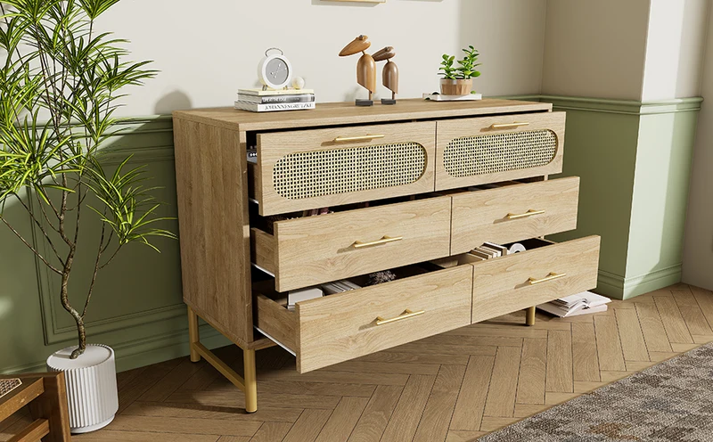 Buffet effet bois chêne en rotin avec 6 tiroirs poignées pieds dorés 120x40x74cm KRUN
