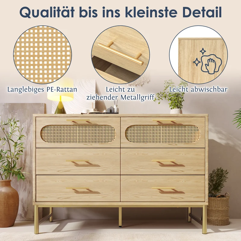 Buffet effet bois chêne en rotin avec 6 tiroirs poignées pieds dorés 120x40x74cm KRUN