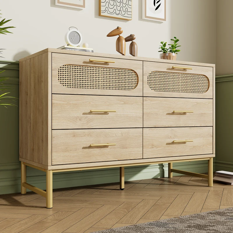 Buffet effet bois chêne en rotin avec 6 tiroirs poignées pieds dorés 120x40x74cm KRUN