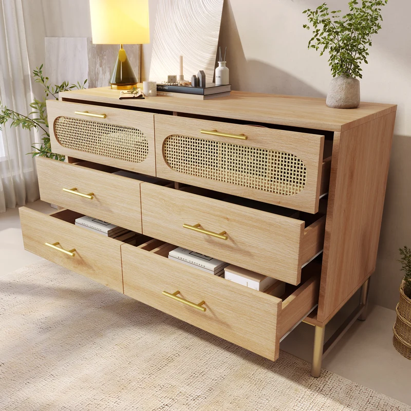 Buffet effet bois chêne en rotin avec 6 tiroirs poignées pieds dorés 120x40x74cm KRUN