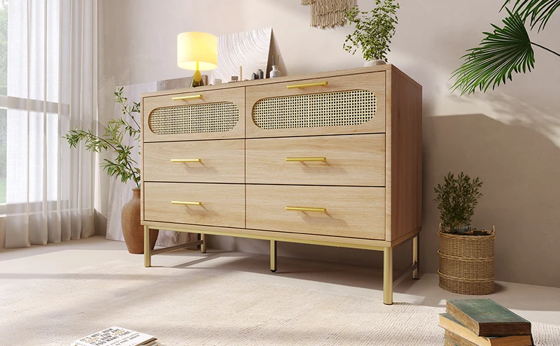 Buffet effet bois chêne en rotin avec 6 tiroirs poignées pieds dorés 120x40x74cm KRUN