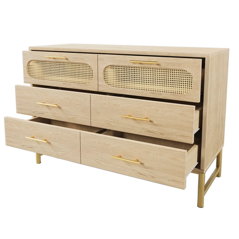 Buffet effet bois chêne en rotin avec 6 tiroirs poignées pieds dorés 120x40x74cm KRUN