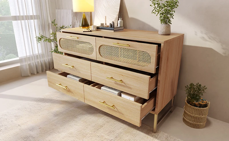 Buffet effet bois chêne en rotin avec 6 tiroirs poignées pieds dorés 120x40x74cm KRUN