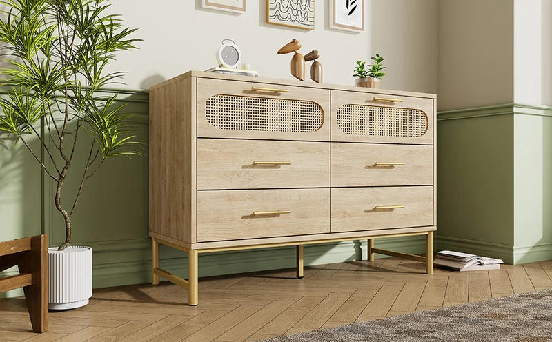 Buffet effet bois chêne en rotin avec 6 tiroirs poignées pieds dorés 120x40x74cm KRUN