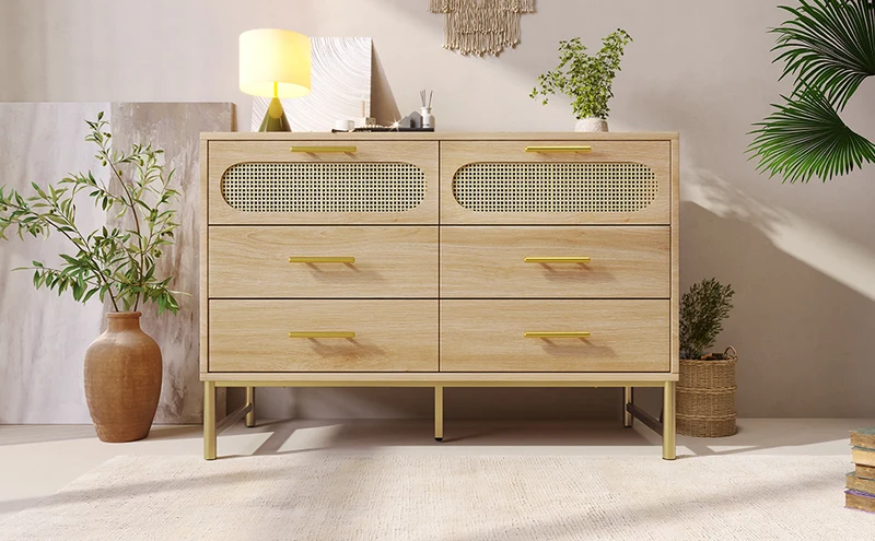 Buffet effet bois chêne en rotin avec 6 tiroirs poignées pieds dorés 120x40x74cm KRUN