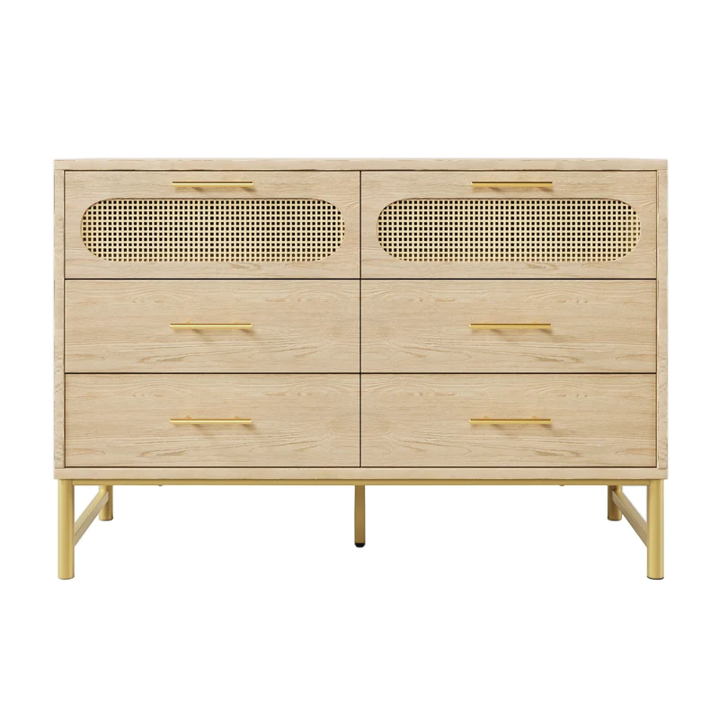 Buffet effet bois chêne en rotin avec 6 tiroirs poignées pieds dorés 120x40x74cm KRUN