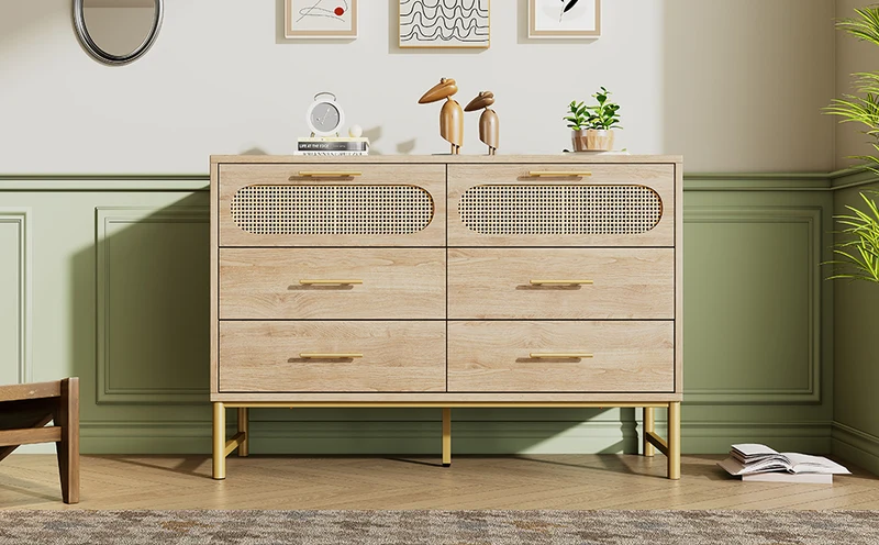 Buffet effet bois chêne en rotin avec 6 tiroirs poignées pieds dorés 120x40x74cm KRUN
