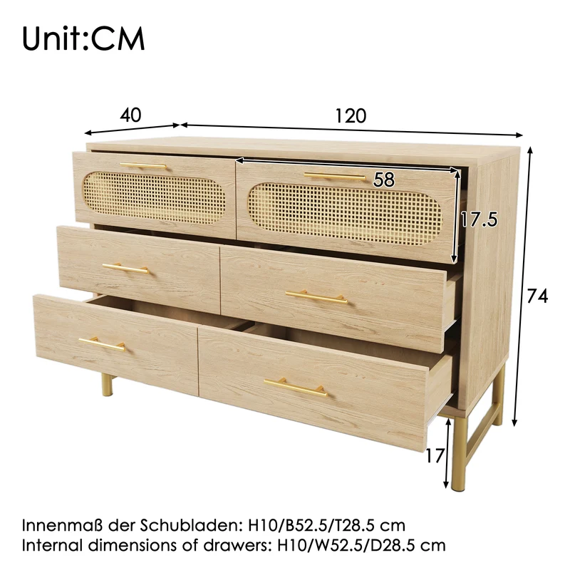 Buffet effet bois chêne en rotin avec 6 tiroirs poignées pieds dorés 120x40x74cm KRUN