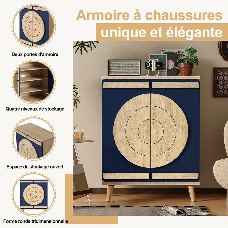 Meuble à chaussures moderne effet bois naturel et bleu portes géométriques rondes 76x37x98,5 cm TRAVERSEORA