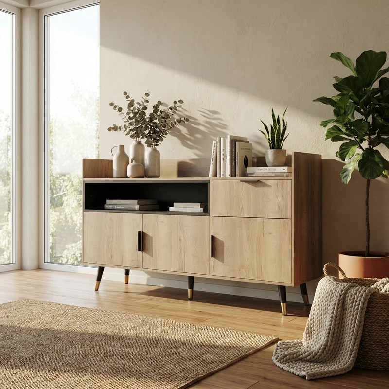 Buffet moderne effet bois 1 tiroir 3 portes battantes 160x35x82cm PINNACLEIST
