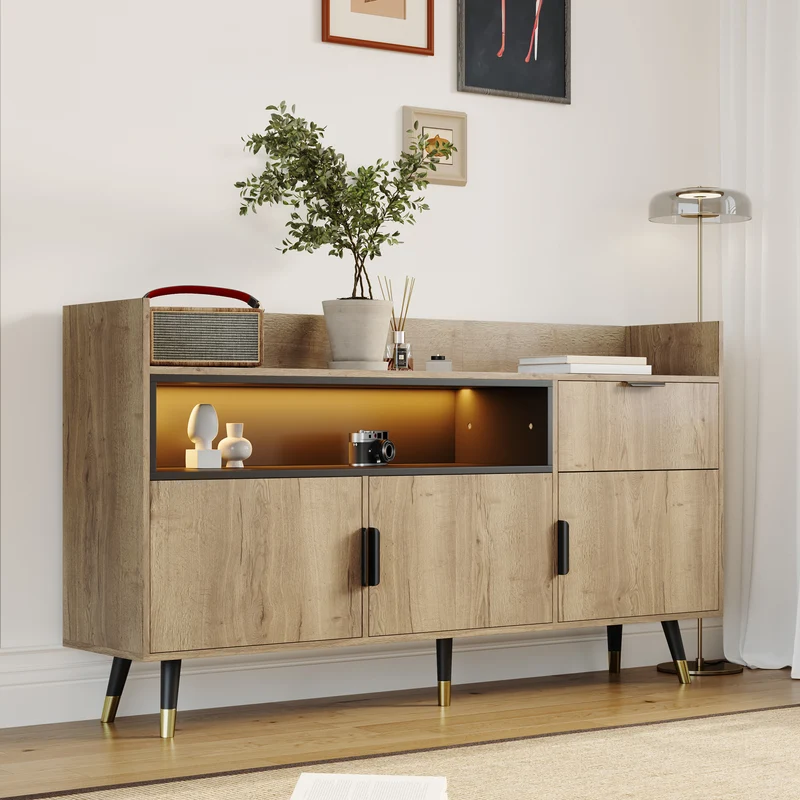 Buffet moderne effet bois 1 tiroir 3 portes battantes 160x35x82cm PINNACLEIST