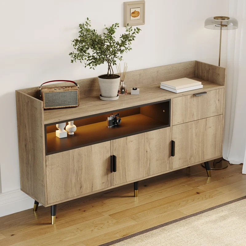 Buffet moderne effet bois 1 tiroir 3 portes battantes 160x35x82cm PINNACLEIST