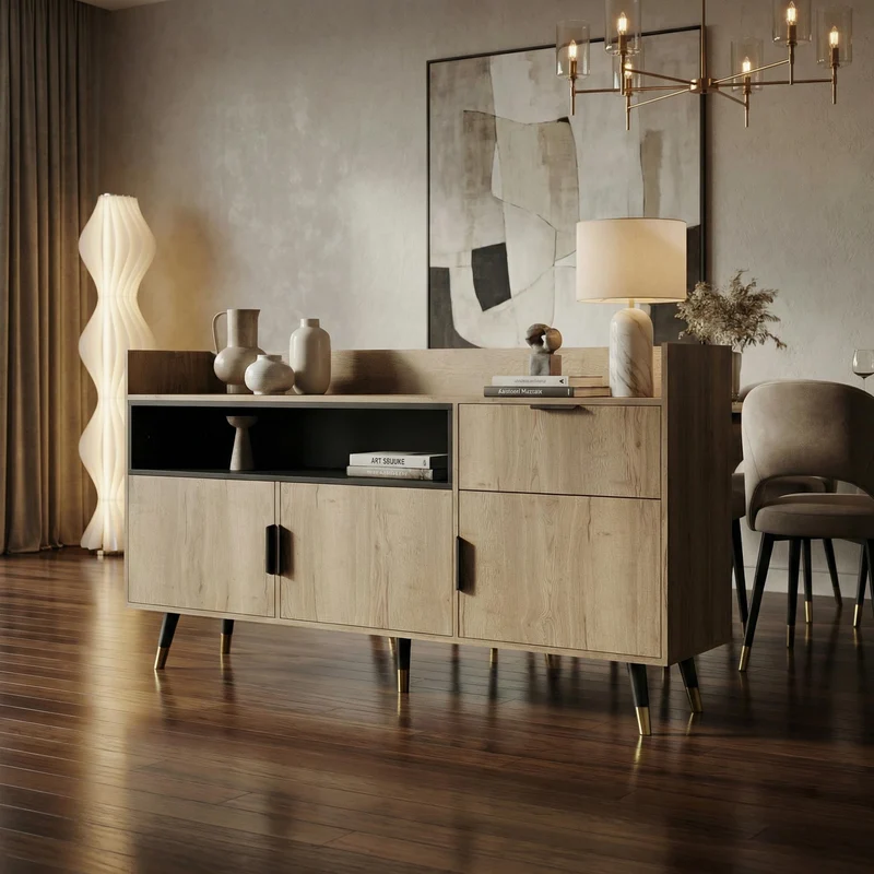Buffet moderne effet bois 1 tiroir 3 portes battantes 160x35x82cm PINNACLEIST