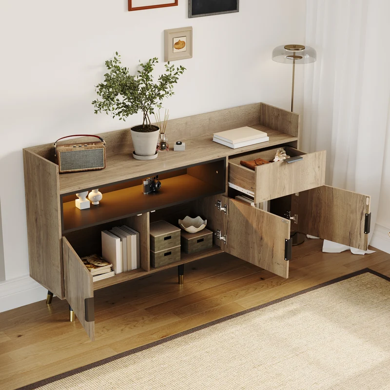Buffet moderne effet bois 1 tiroir 3 portes battantes 160x35x82cm PINNACLEIST