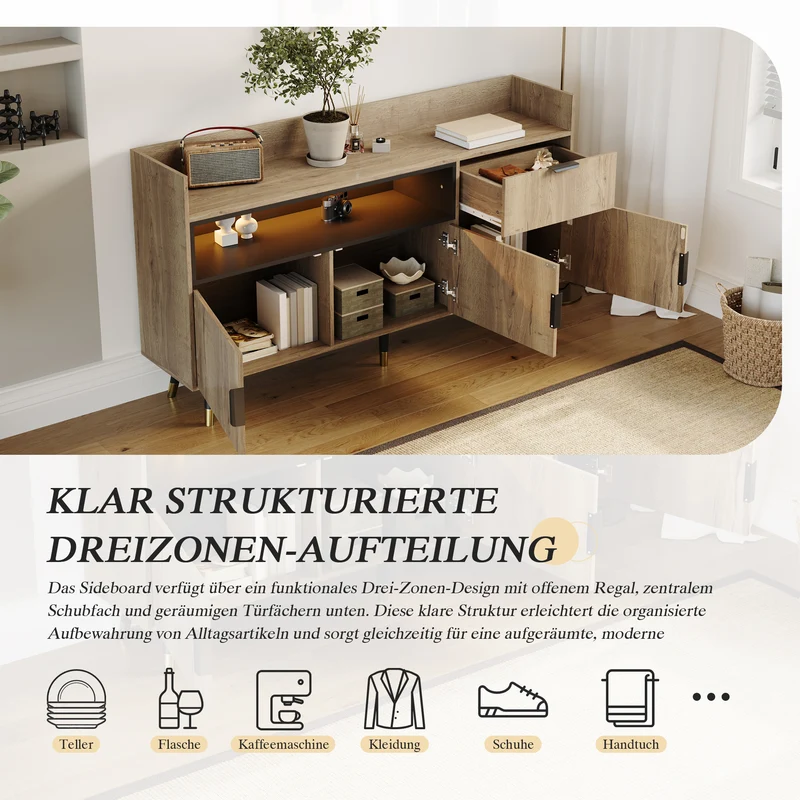 Buffet moderne effet bois 1 tiroir 3 portes battantes 160x35x82cm PINNACLEIST