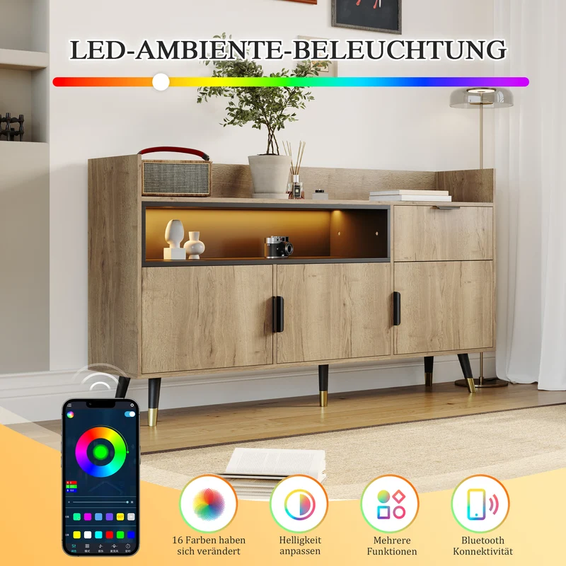 Buffet moderne effet bois 1 tiroir 3 portes battantes 160x35x82cm PINNACLEIST