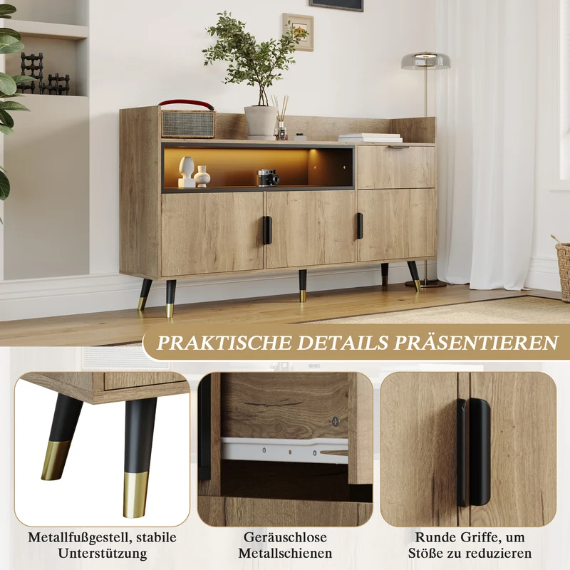 Buffet moderne effet bois 1 tiroir 3 portes battantes 160x35x82cm PINNACLEIST
