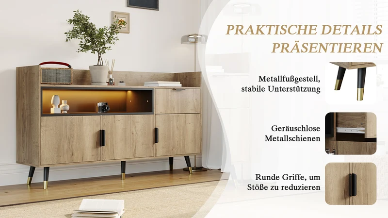 Buffet moderne effet bois 1 tiroir 3 portes battantes 160x35x82cm PINNACLEIST