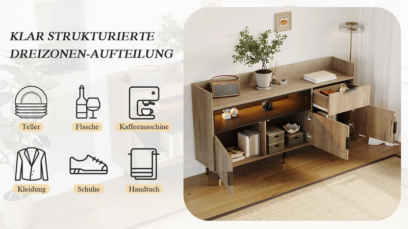 Buffet moderne effet bois 1 tiroir 3 portes battantes 160x35x82cm PINNACLEIST