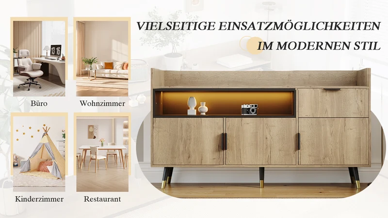 Buffet moderne effet bois 1 tiroir 3 portes battantes 160x35x82cm PINNACLEIST