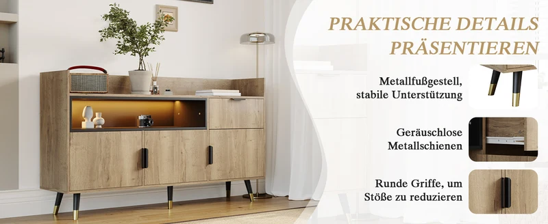 Buffet moderne effet bois 1 tiroir 3 portes battantes 160x35x82cm PINNACLEIST
