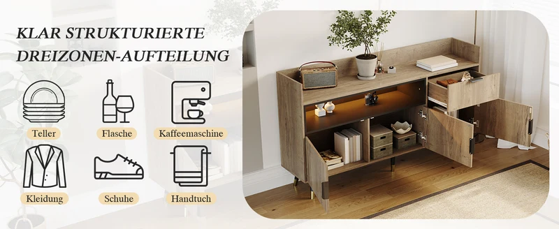 Buffet moderne effet bois 1 tiroir 3 portes battantes 160x35x82cm PINNACLEIST