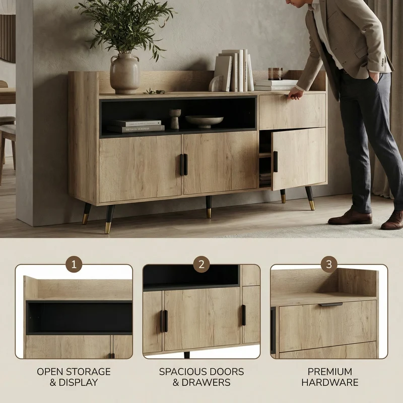 Buffet moderne effet bois 1 tiroir 3 portes battantes 160x35x82cm PINNACLEIST